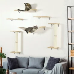 PawHut Unique Cat Tree Made From Cat Shelves With 8 Levels For More Height, Wall-Mounted Cat Tree Climbing Playground, Cat Hammocks, Modern Cat Tree