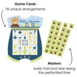 Big Dot Of Happiness Baby Boy Teddy Bear - Picture Bingo Cards And Markers - Baby Shower Shaped Bingo Game - Set Of 18