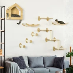 PawHut Unique Cat Tree Made From Cat Shelves With 10 Levels For More Height, Wall-Mounted Cat Tree Climbing Playground, Cat Hammocks, Modern Cat Tree