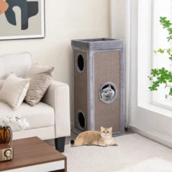 Costway 4-Story Cat House 39'' Cat Condo With Scratching Posts & 4 Soft Plush Cushions Gray/Natural