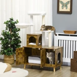 PawHut 54.25" Wooden Cat Tree With Litter Box Enclosure, Cushioned Cat Condo & Plush Platforms With Hammock, Tower & Pet Furniture, Rustic Brown