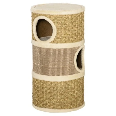PawHut 28 Inch Cat Condo, 3 Story Cat Hideaway With Sisal Scratching Pad, Barrel Shaped Small Cat Tree For Indoor Cats, Khaki And Brown 5 PawHut 28 Inch Cat Condo, 3 Story Cat Hideaway With Sisal Scratching Pad, Barrel Shaped Small Cat Tree For Indoor Cats, Khaki And Brown - Image 3