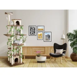 Go Pet Club 85" Forest Cat Tree House Furniture With LeavesF2095 - Beige/Brown
