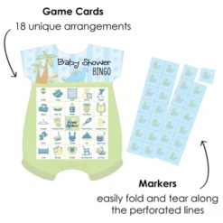 Big Dot Of Happiness Baby Boy Dinosaur - Picture Bingo Cards And Markers - Baby Shower Shaped Bingo Game - Set Of 18