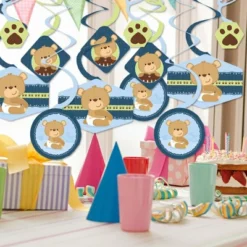 Big Dot Of Happiness Baby Boy Teddy Bear - Baby Shower Hanging Decor - Party Decoration Swirls - Set Of 40