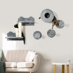 PawHut 5PCs Cat Wall Shelves, Pet Wall-mounted Climbing Shelf Set, Kitten Activity Center With Condo, Cushion, Scratching Post, Platform, Brown