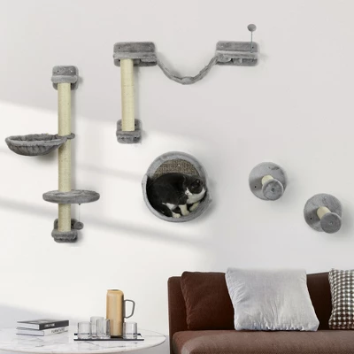 PawHut 5 Piece Cat Wall Shelves, Wall Mounted Cat Shelves W/ Hammock, Perches, Ladder, Scratching Posts, Cat Wall Furniture For Climbing And Relaxing 4 PawHut 5 Piece Cat Wall Shelves, Wall Mounted Cat Shelves W/ Hammock, Perches, Ladder, Scratching Posts, Cat Wall Furniture For Climbing And Relaxing - Image 2