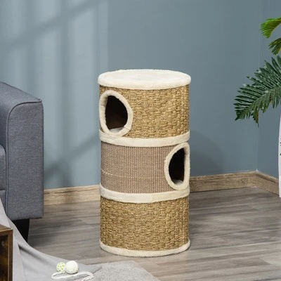 PawHut 28 Inch Cat Condo, 3 Story Cat Hideaway With Sisal Scratching Pad, Barrel Shaped Small Cat Tree For Indoor Cats, Khaki And Brown 3 PawHut 28 Inch Cat Condo, 3 Story Cat Hideaway With Sisal Scratching Pad, Barrel Shaped Small Cat Tree For Indoor Cats, Khaki And Brown
